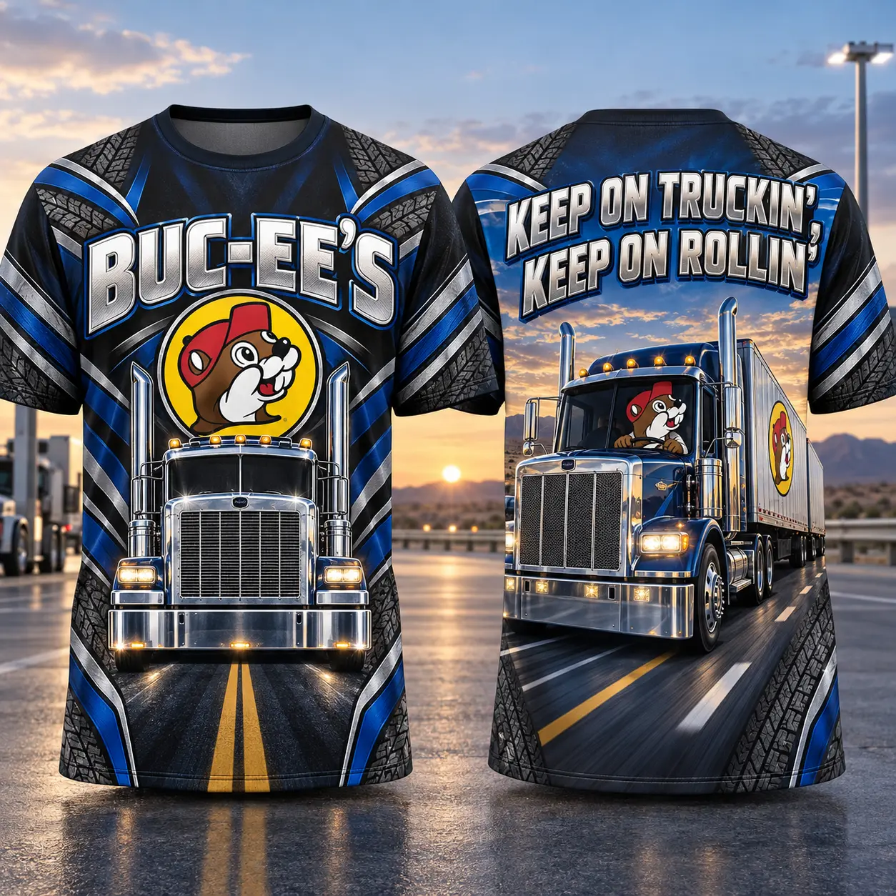 Buc-ee's Blue Semi Truck Highway 3D Shirt For Drivers Who Keep On Rolling NDN flat front and back