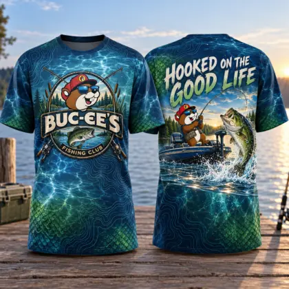 Buc-ee's Fishing Beaver Lake Scene 3D Shirt For Anglers Hooked On Good Days NDN flat front and back
