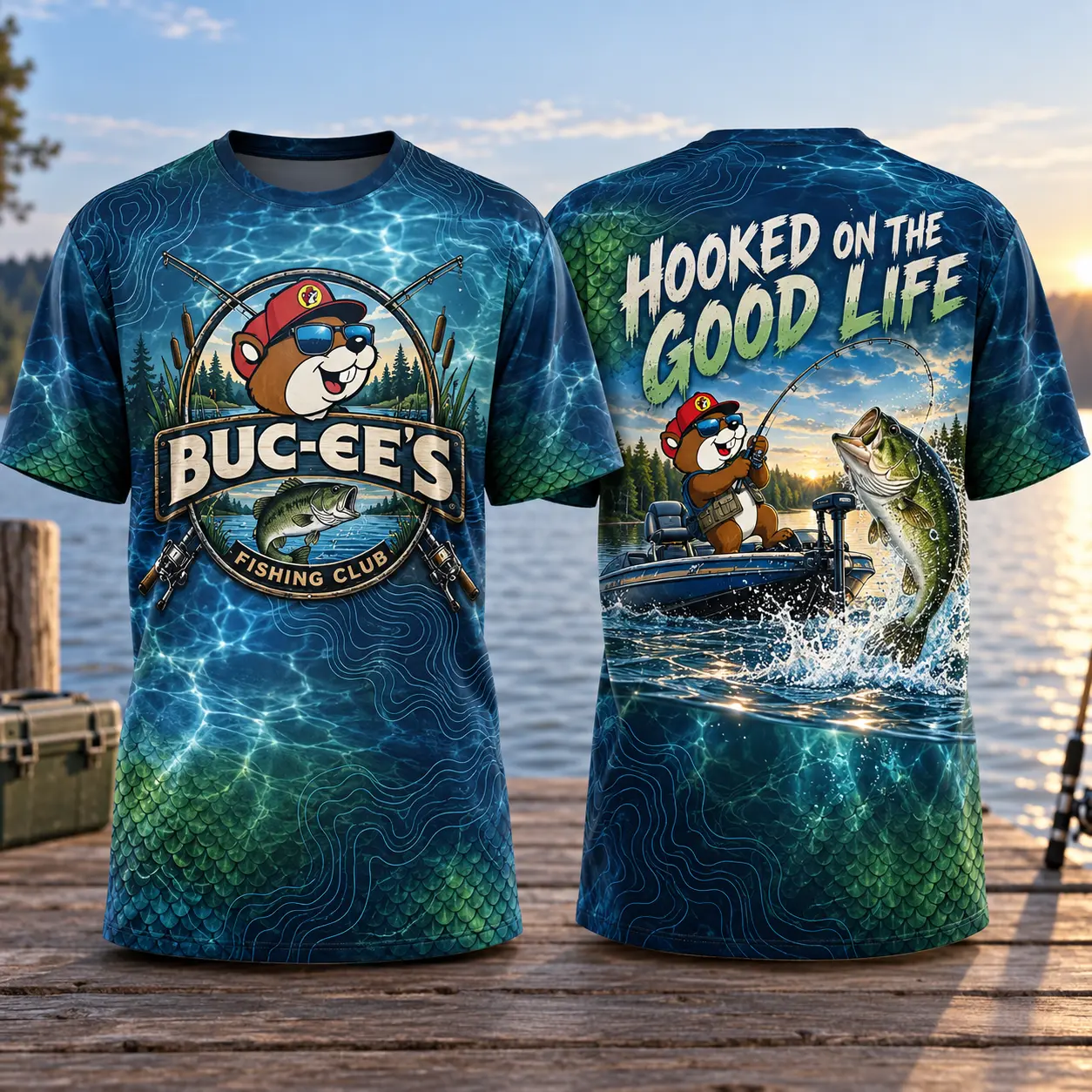 Buc-ee's Fishing Beaver Lake Scene 3D Shirt For Anglers Hooked On Good Days NDN flat front and back