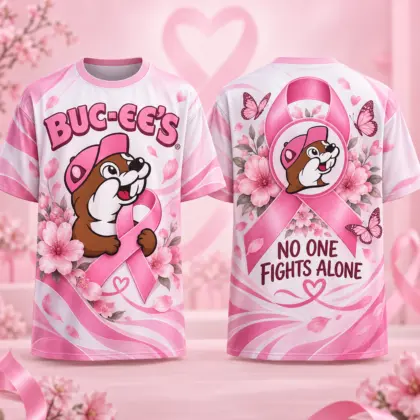 Buc-ee's Pink Ribbon Butterfly 3D Shirt For Sharing Hope And Standing Together NDN flat front and back