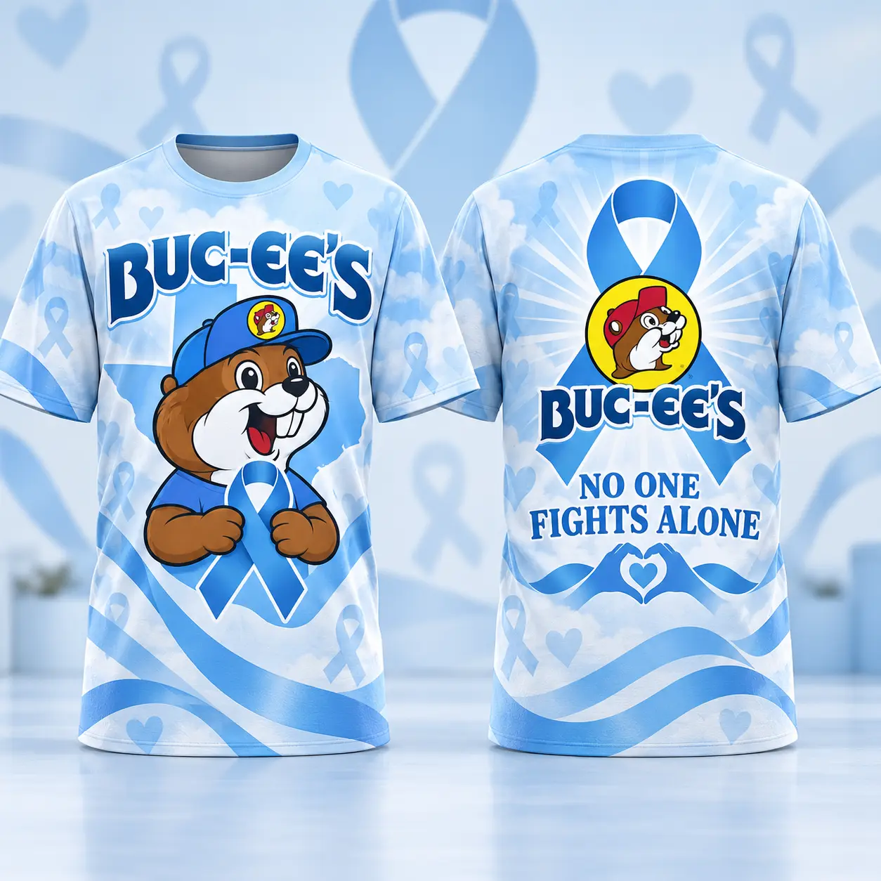 Buc-ee's Blue Ribbon Beaver 3D Shirt For Showing Support And Standing Together NDN flat front and back