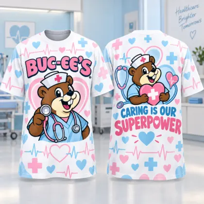 Buc-ee's Nurse Beaver Hearts 3D Shirt For Caregivers With A Caring Superpower NDN flat front and back