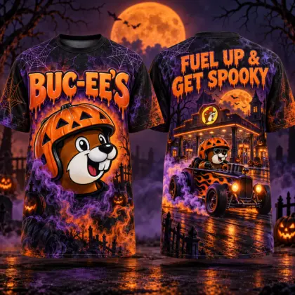 Buc-ee's Halloween Pumpkin Spooky Bus 3D Shirt For Haunted Road Trip Nights NDN flat front and back