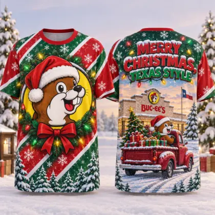 Buc-ee's Christmas Santa Beaver Pickup 3D Shirt For Festive Holiday Road Trips NDN flat front and back