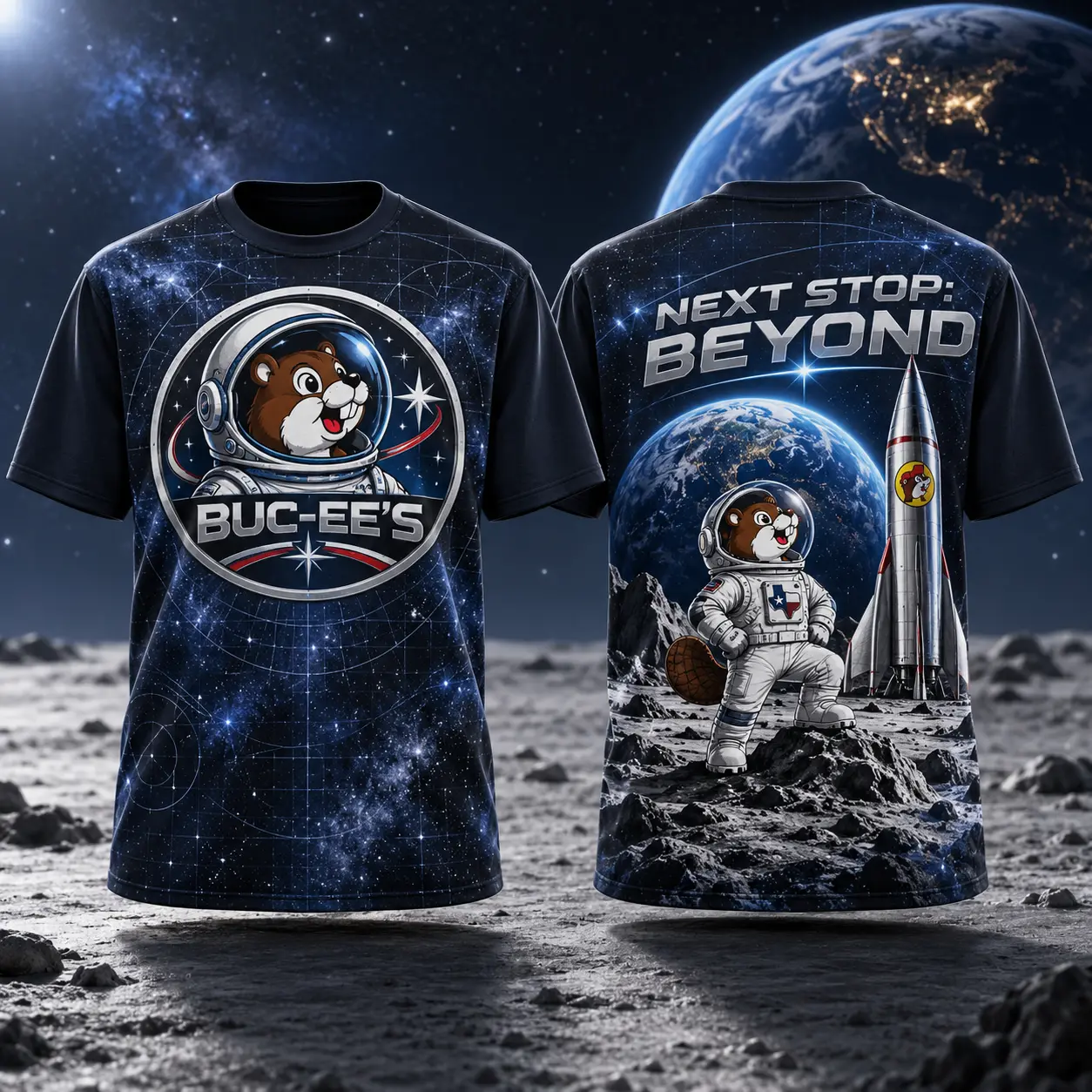 Buc-ee's Astronaut Beaver Rocket 3D Shirt For Explorers Heading Beyond The Highway NDN flat front and back
