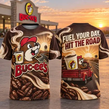 Buc-ee's Coffee Beaver Red Pickup 3D Shirt For Early Starts And Open Roads NDN flat front and back