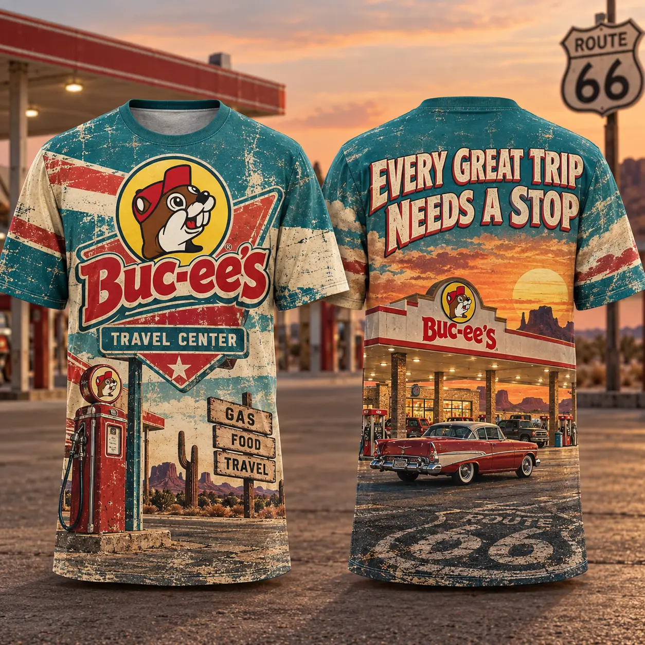 Buc-ee's Route 66 Gas Pumps 3D Shirt For Travelers Who Love Classic Stops NDN flat front and back
