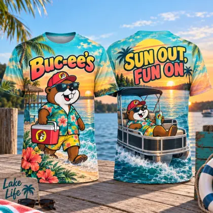 Buc-ee's Tropical Boat Sunshine 3D Shirt For Relaxed Days Out On The Water NDN flat front and back