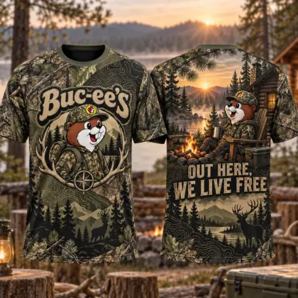 Buc-ee's Forest Camping Beaver 3D Shirt For Free Spirits At The Campsite NDN flat front and back