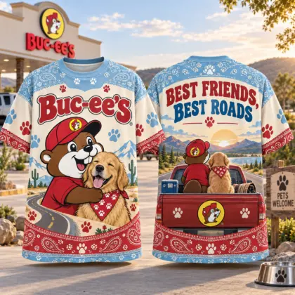 Buc-ee's Dog Paws Road Trip 3D Shirt For Adventures With Your Best Friend NDN flat front and back
