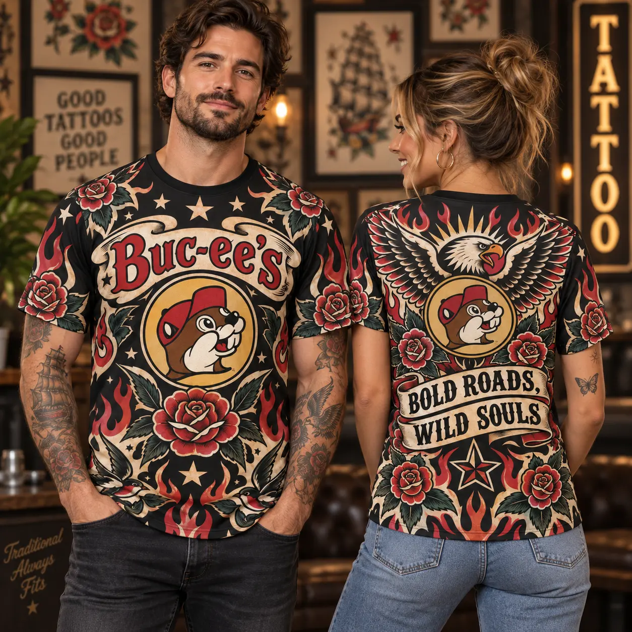 Buc-ee's Tattoo Style Roses Eagle 3D Shirt For Bold Roads And Wild Souls NDN worn front and back