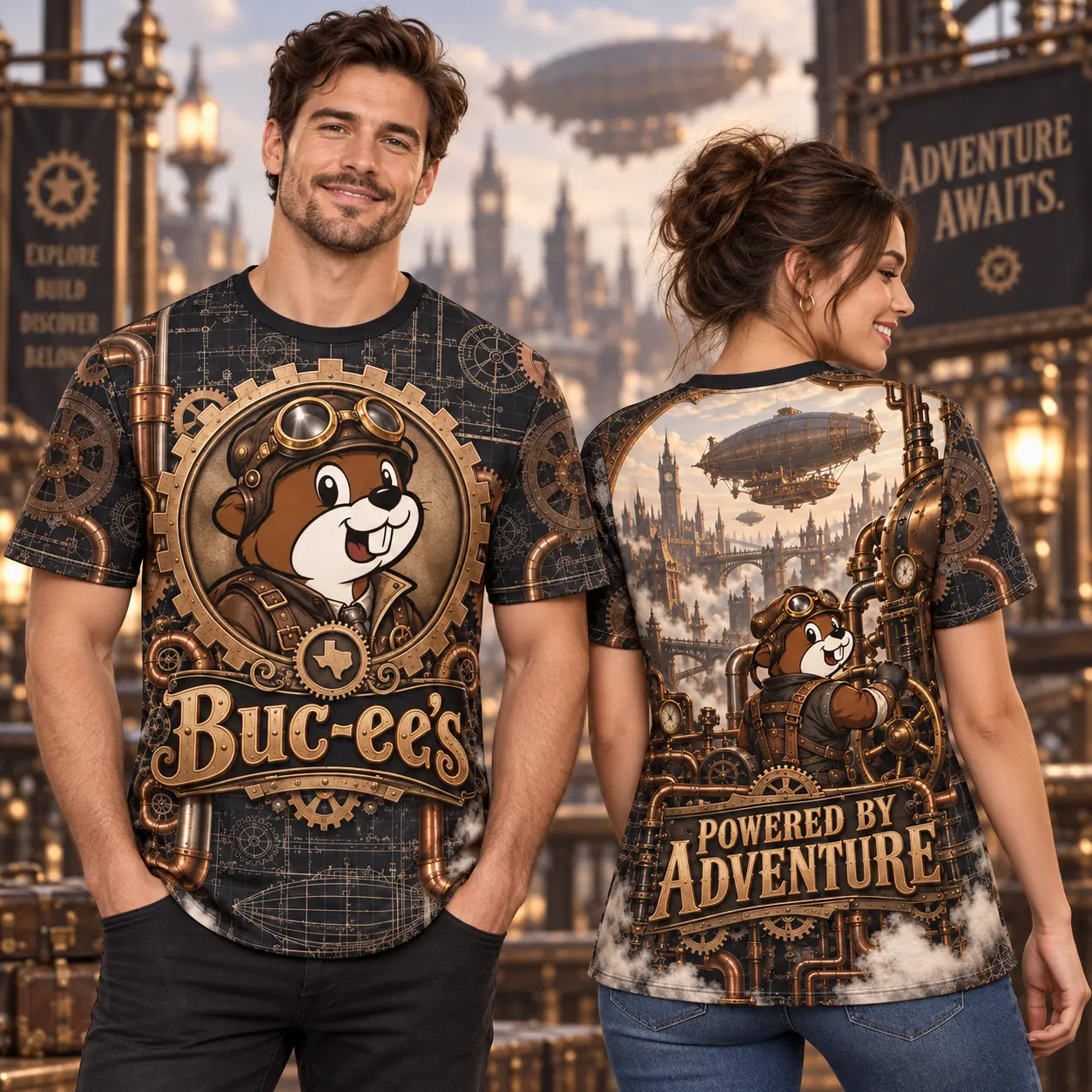 Buc-ee's Steampunk Beaver Airship 3D Shirt For Explorers Powered By Curious Adventures NDN worn front and back