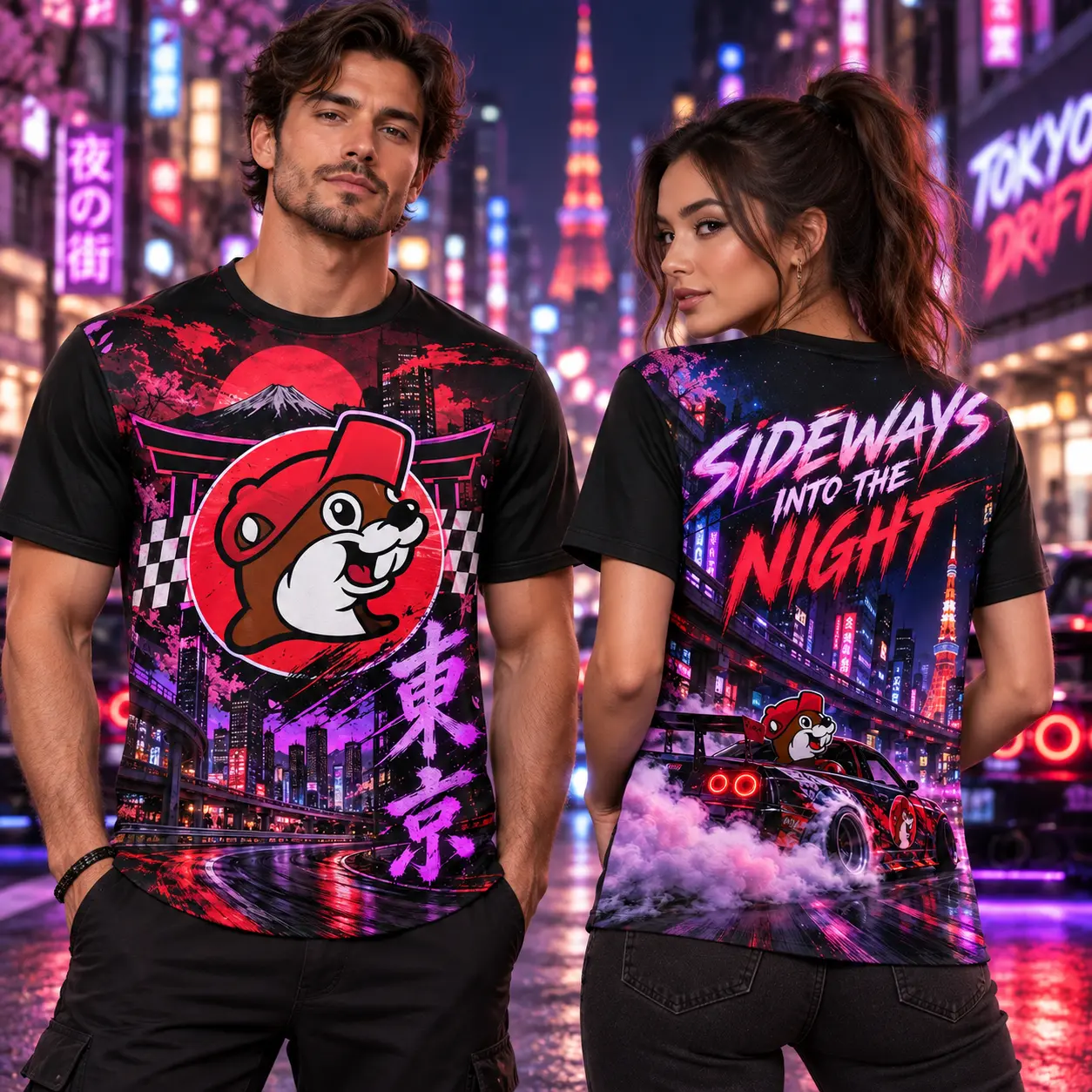 Buc-ee's Tokyo Neon Drift Car 3D Shirt For Drivers Chasing City Lights NDN worn front and back