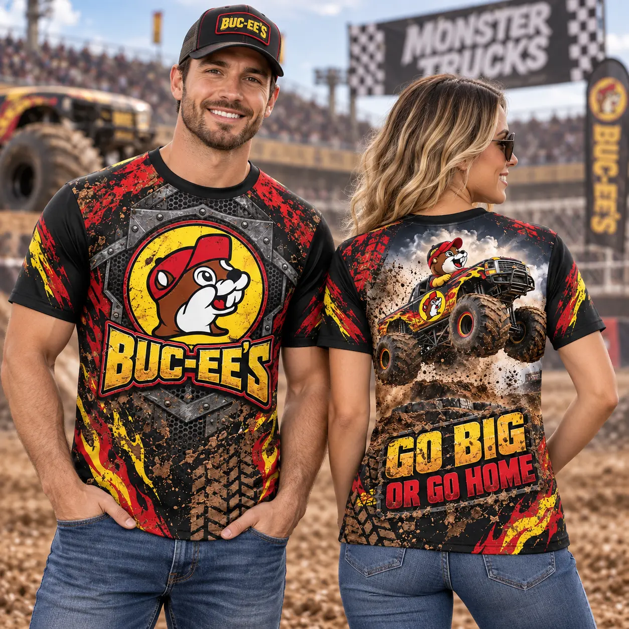 Buc-ee's Monster Truck Red Flames 3D Shirt For Fans Who Always Go Big NDN worn front and back