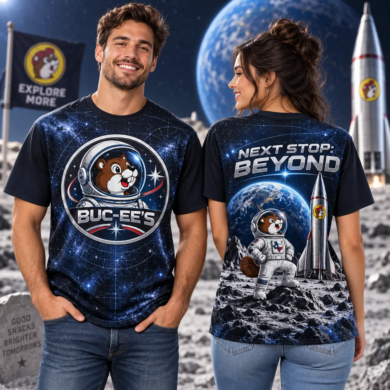Buc-ee's Astronaut Beaver Rocket 3D Shirt For Explorers Heading Beyond The Highway NDN worn front and back