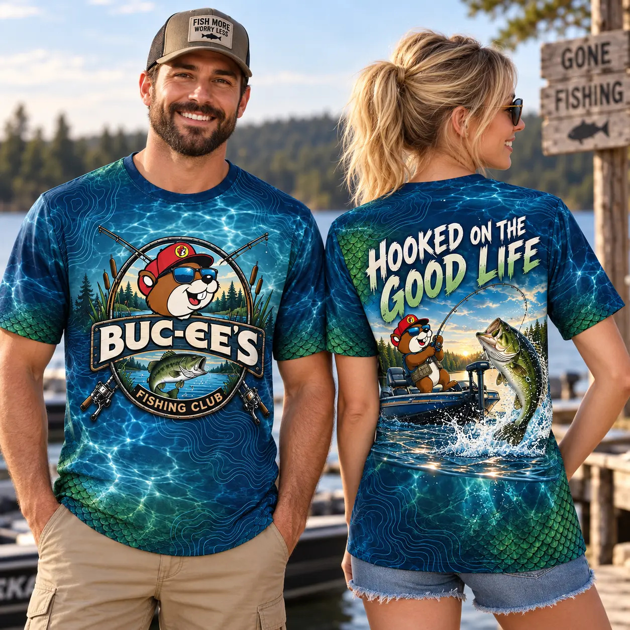 Buc-ee's Fishing Beaver Lake Scene 3D Shirt For Anglers Hooked On Good Days NDN worn front and back