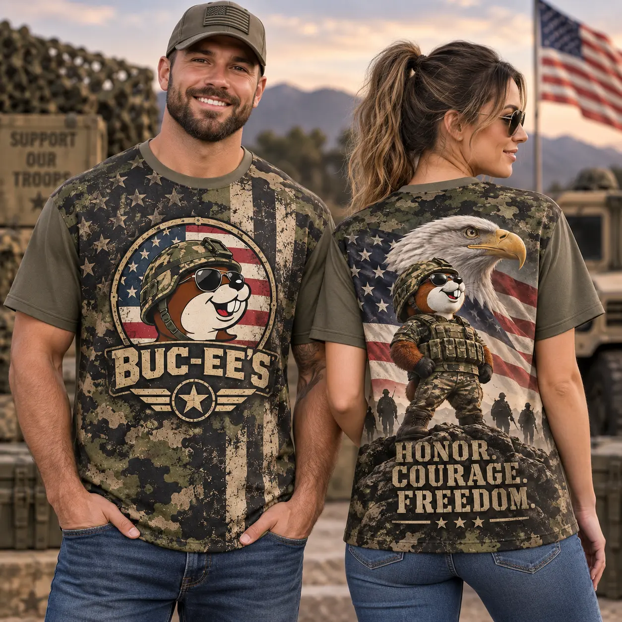 Buc-ee's Soldier Beaver Eagle Flag 3D Shirt Celebrating Honor Courage And Freedom NDN worn front and back