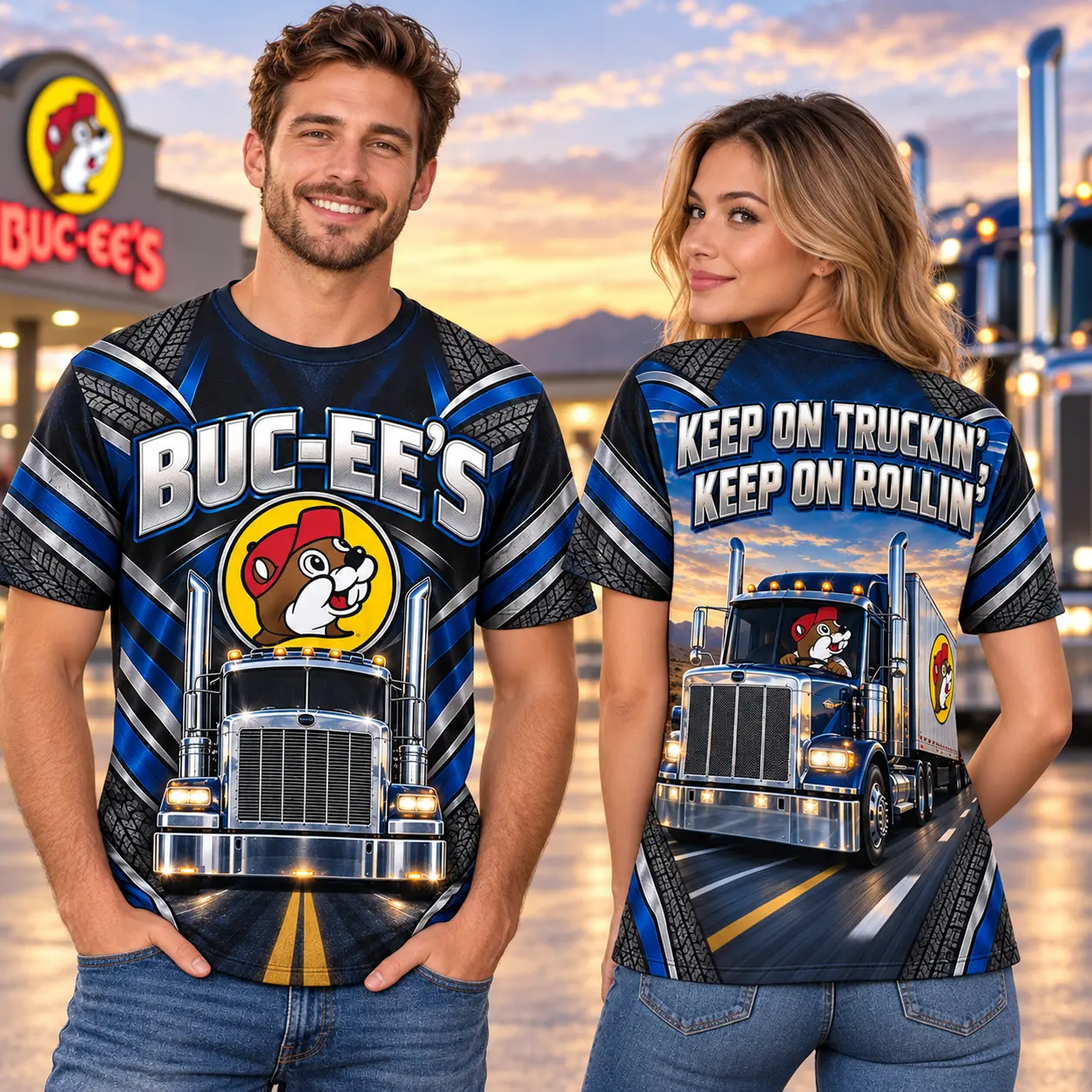 Buc-ee's Blue Semi Truck Highway 3D Shirt For Drivers Who Keep On Rolling NDN worn front and back
