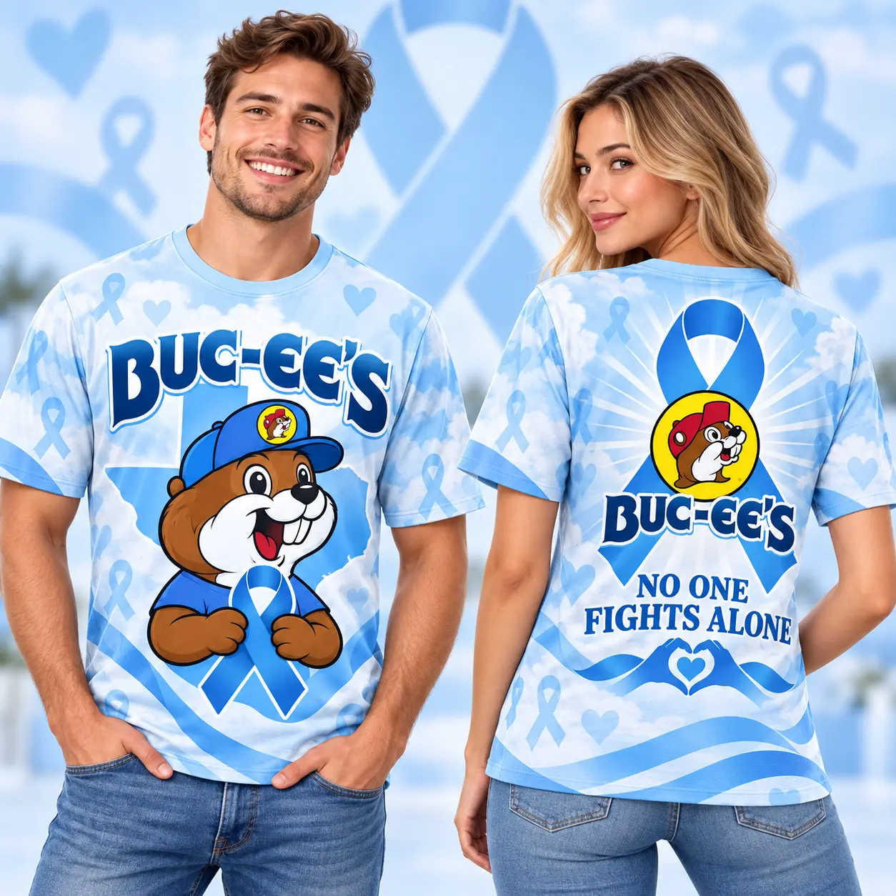 Buc-ee's Blue Ribbon Beaver 3D Shirt For Showing Support And Standing Together NDN worn front and back