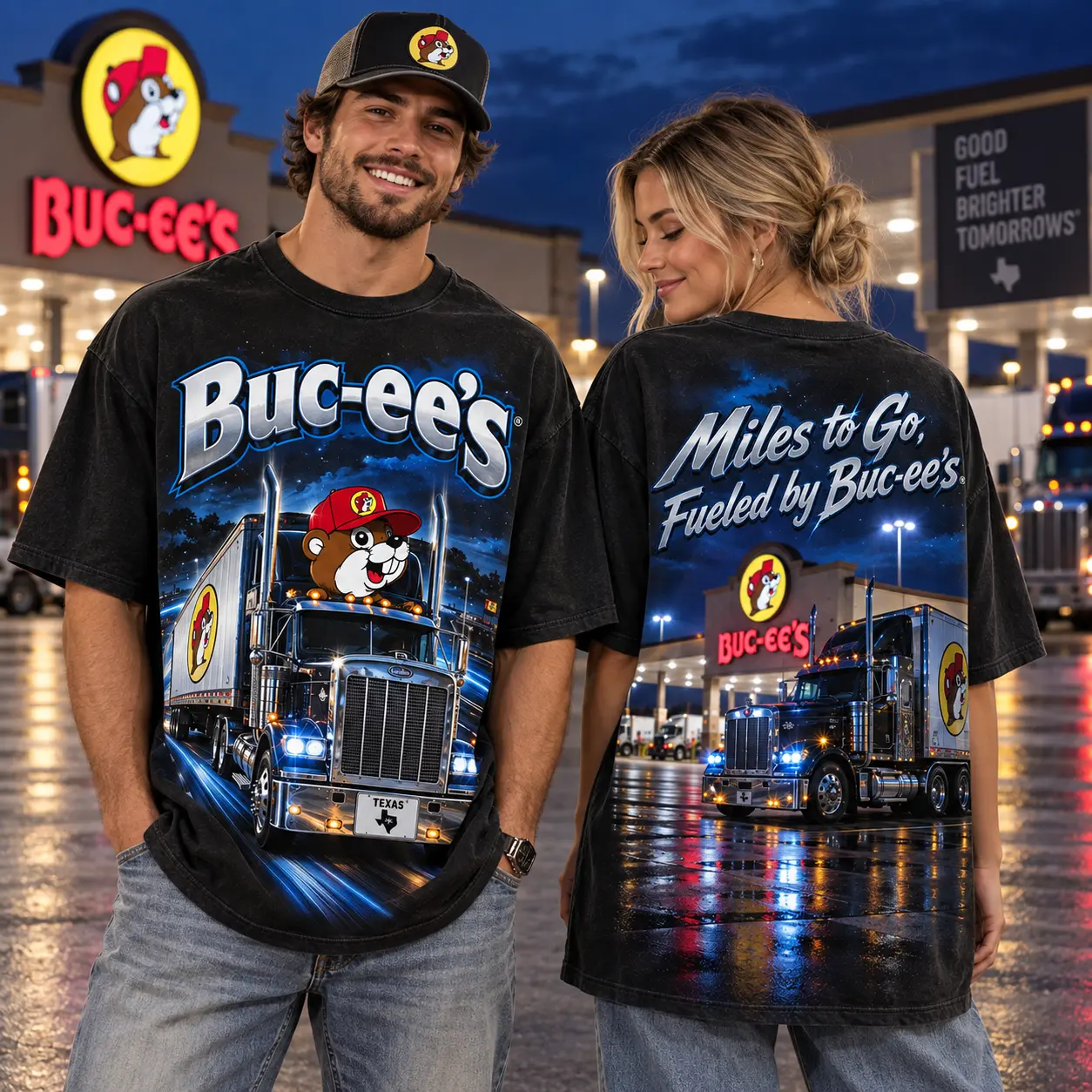Buc-ee's Semi Truck Highway T-Shirt For Long Haul Drivers Chasing The Next Sunrise NDN worn front and back