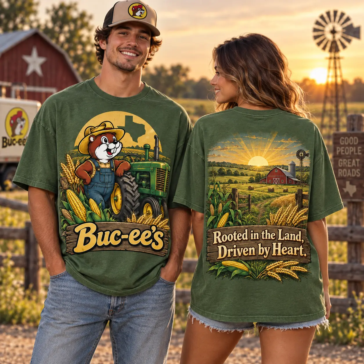 Buc-ee's Farmer Green Tractor T-Shirt For Country Souls With Deep Roots In The Land NDN worn front and back