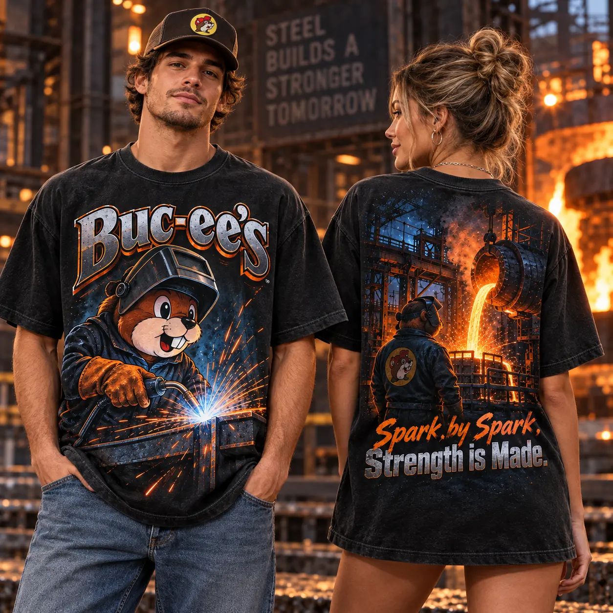 Buc-ee's Welder Orange Sparks T-Shirt For Makers Who Build Their Strength Spark By Spark NDN worn front and back