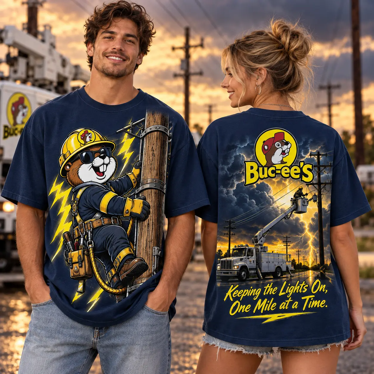 Buc-ee's Lineman Navy Powerline T-Shirt For Workers Who Keep The Lights On Everywhere NDN worn front and back