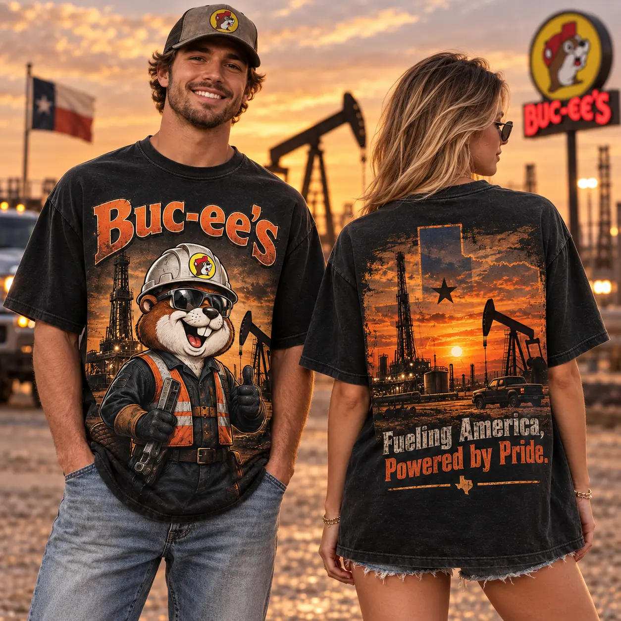Buc-ee's Oilfield Worker Graphic T-Shirt For Crews Fueling America With Pride Every Day NDN worn front and back