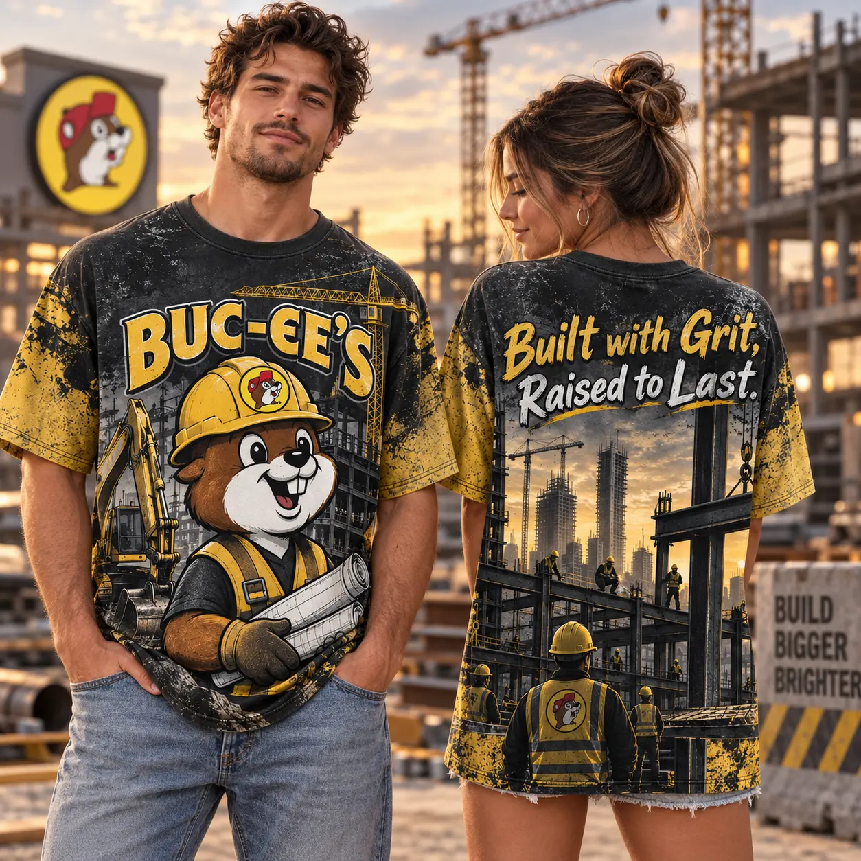 Buc-ee's Construction Grit Graphic T-Shirt For Builders Who Take Pride In Work That Lasts NDN worn front and back