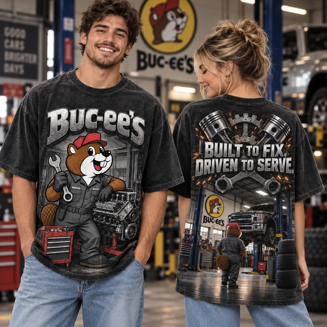 Buc-ee's Mechanic Gray Workshop T-Shirt For Gearheads Who Keep The Good Times Running NDN worn front and back