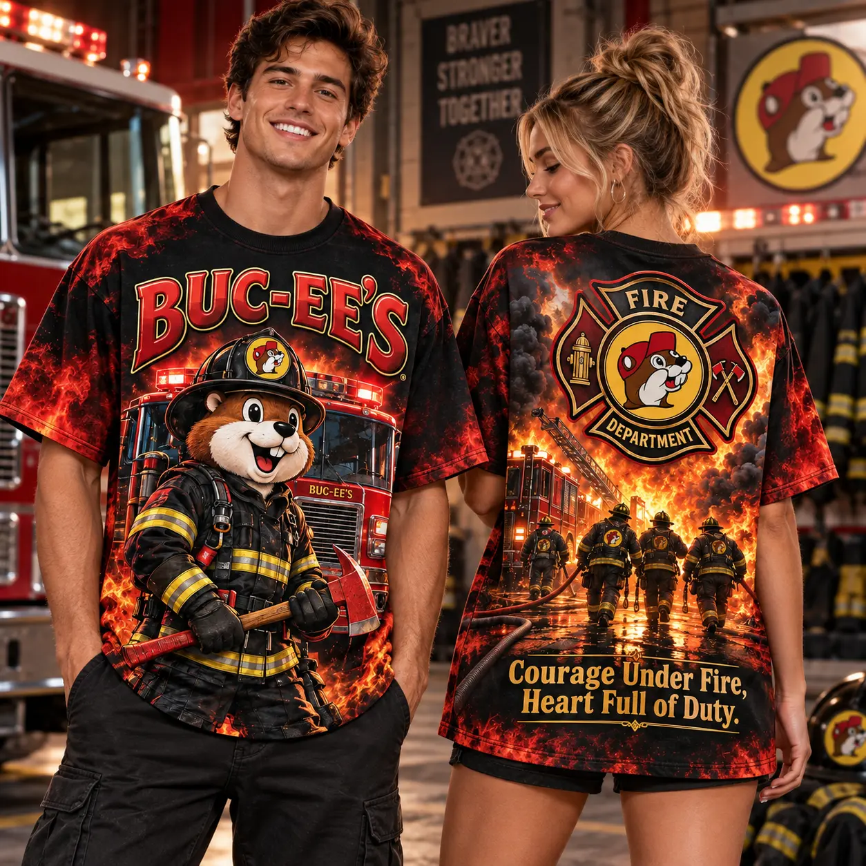 Buc-ee's Firefighter Flame Graphic T-Shirt For Everyday Heroes With A Heart For Service NDN worn front and back