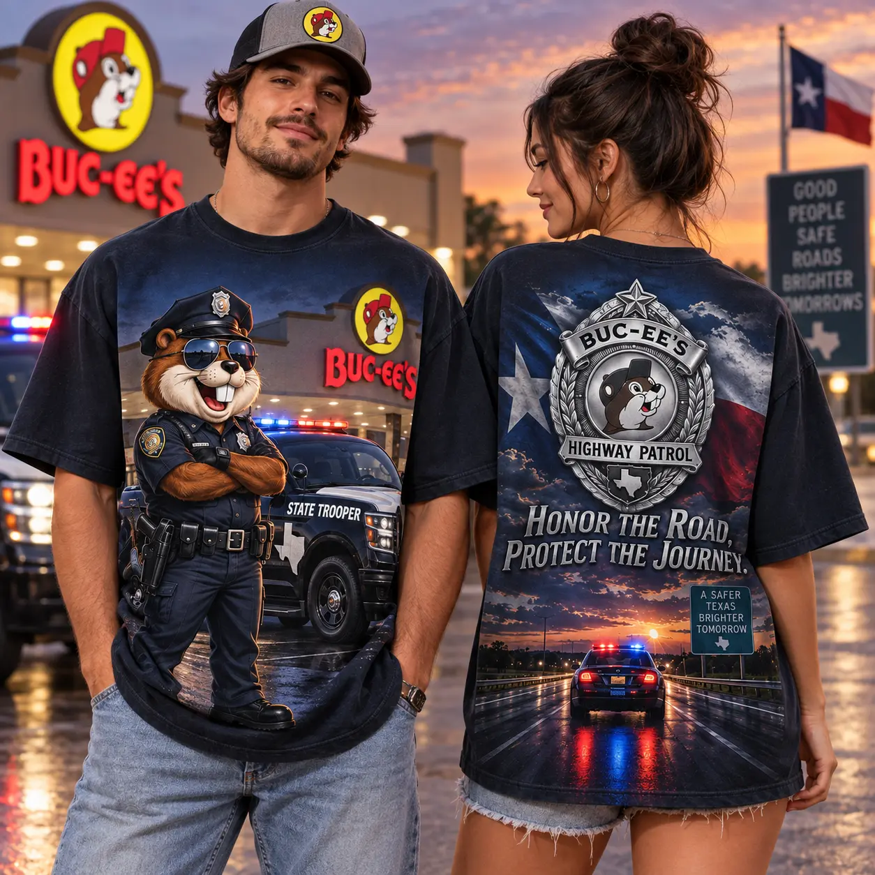 Buc-ee's Police Blue Patrol T-Shirt For Those Who Honor And Protect The Journey NDN worn front and back