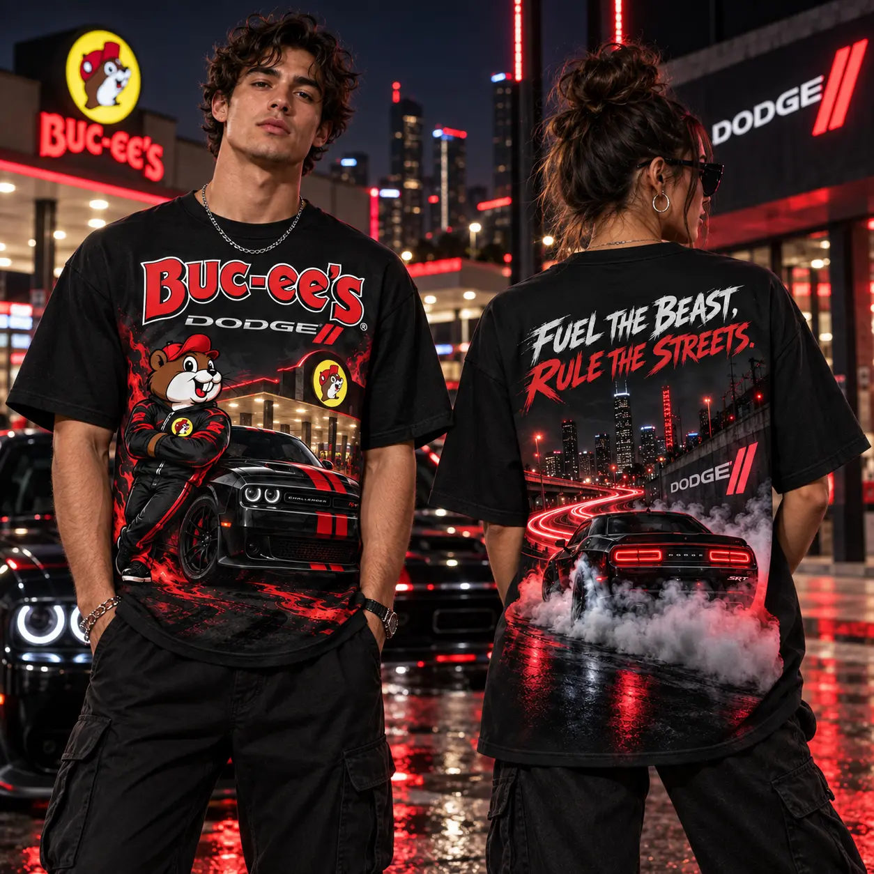 Buc-ee's Dodge Red Muscle Car T-Shirt For Drivers Who Love Wide Open Roads NDN worn front and back