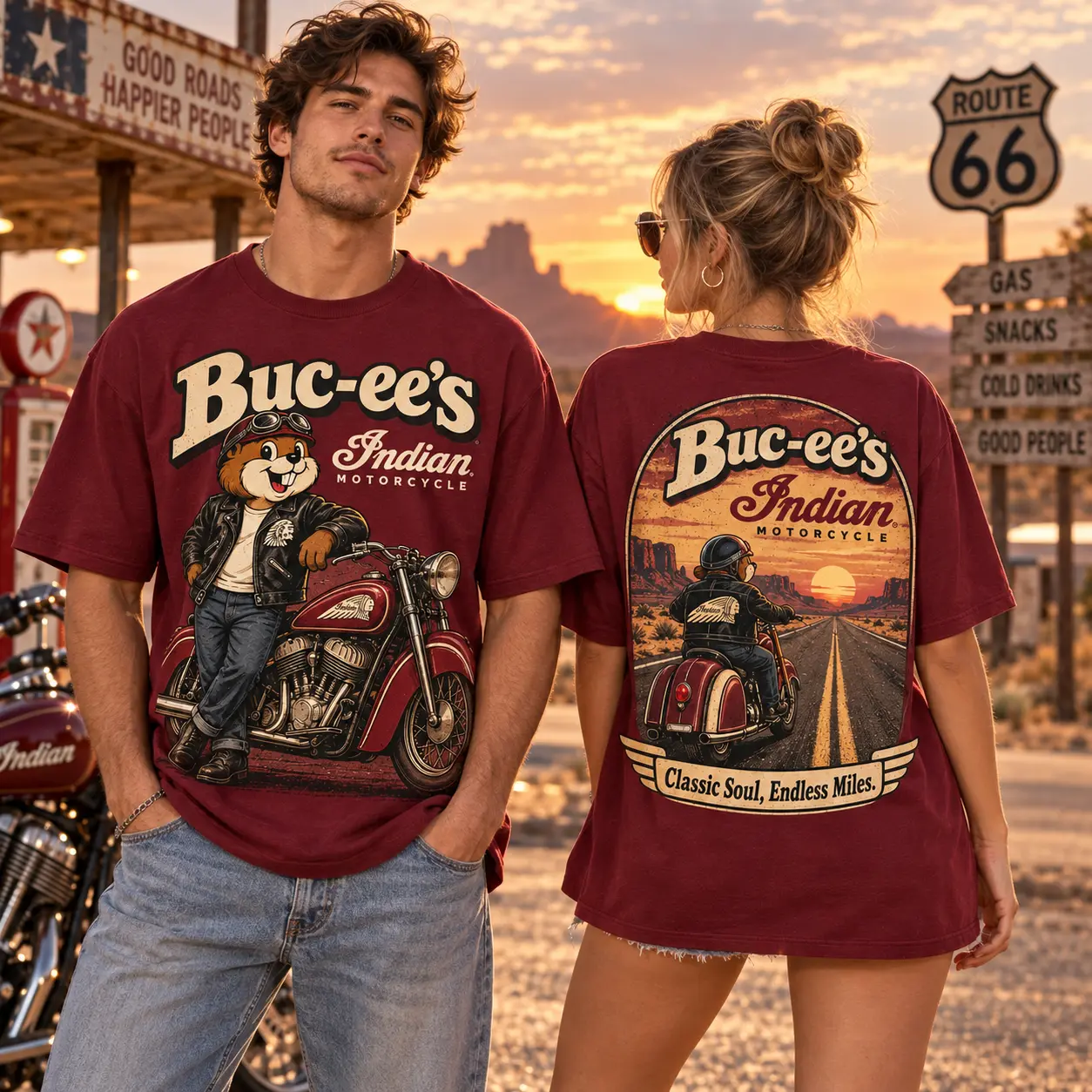Buc-ee's Indian Motorcycle Burgundy T-Shirt For Riders Who Follow The Road Beyond Town NDN worn front and back