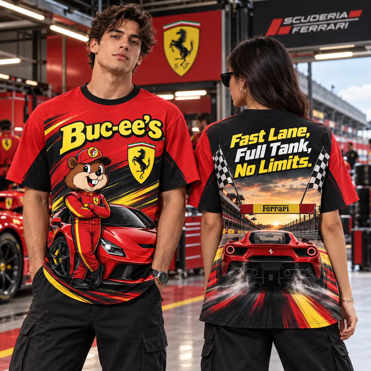 Buc-ee's Ferrari Red Racing T-Shirt For Car Enthusiasts Chasing Their Next Weekend Drive NDN worn front and back