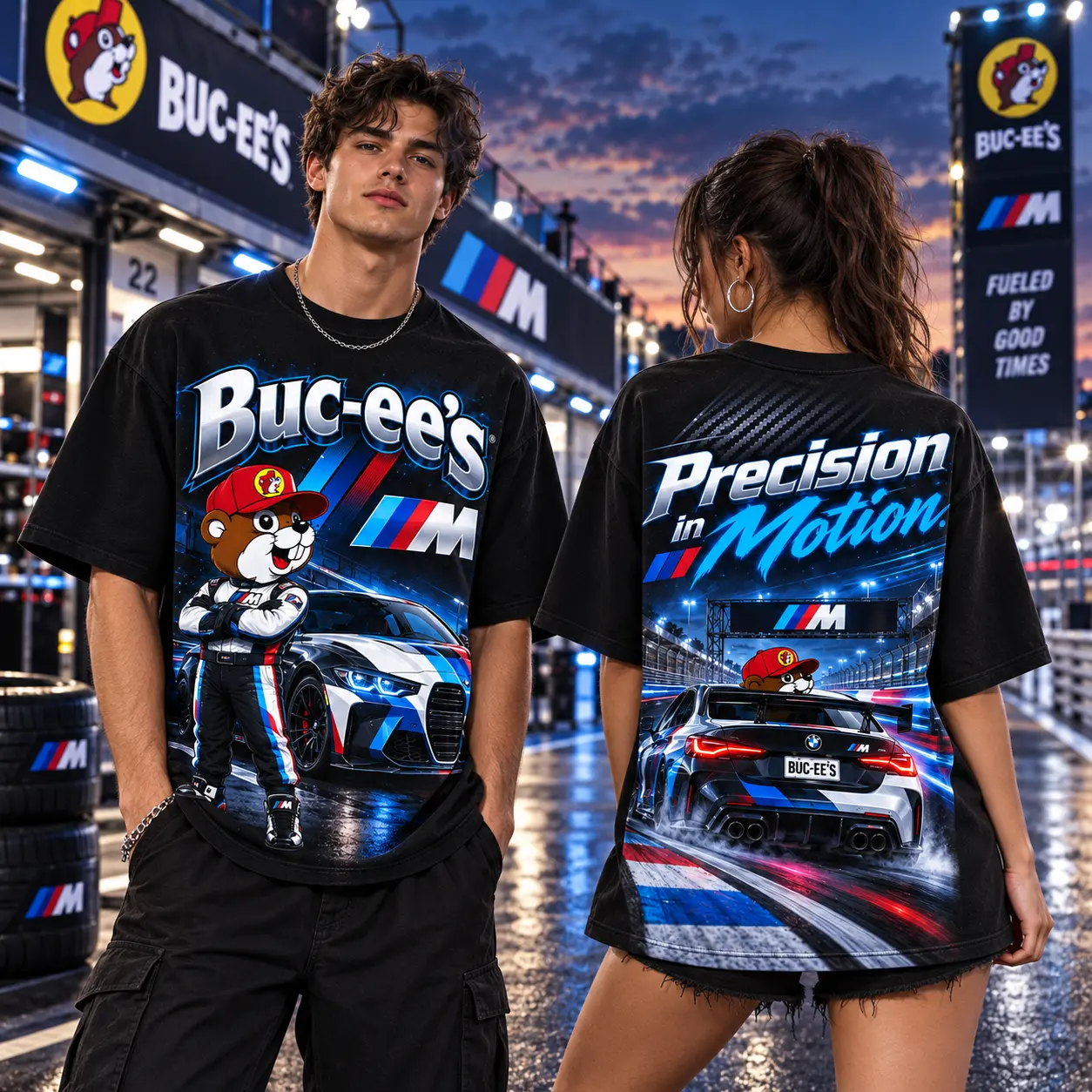 Buc-ee's BMW Blue Performance T-Shirt For Drivers Finding Joy In Precision And Motion NDN worn front and back