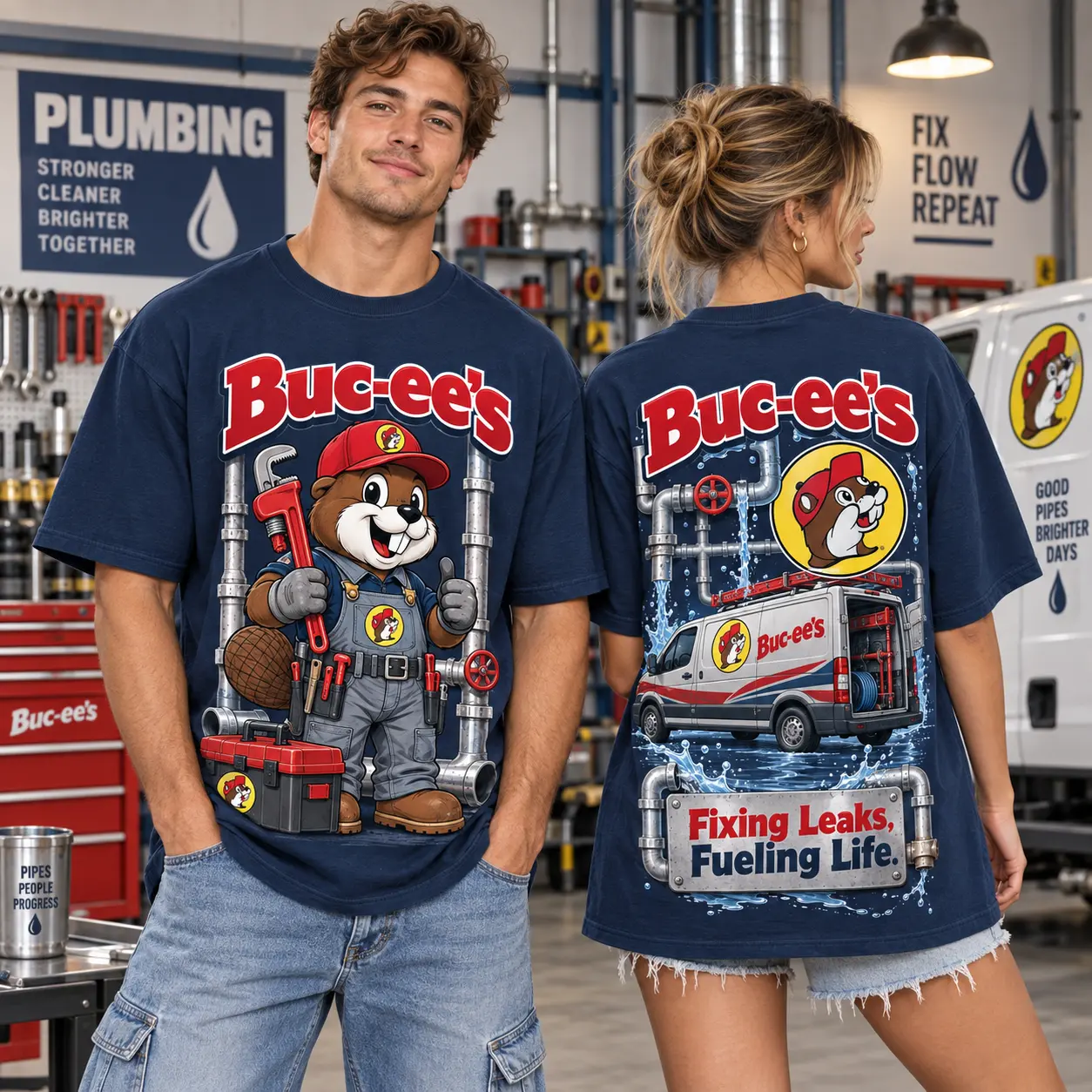 Buc-ee's Plumber Navy Pipework T-Shirt For Tradespeople Who Keep Everyday Life Flowing NDN worn front and back