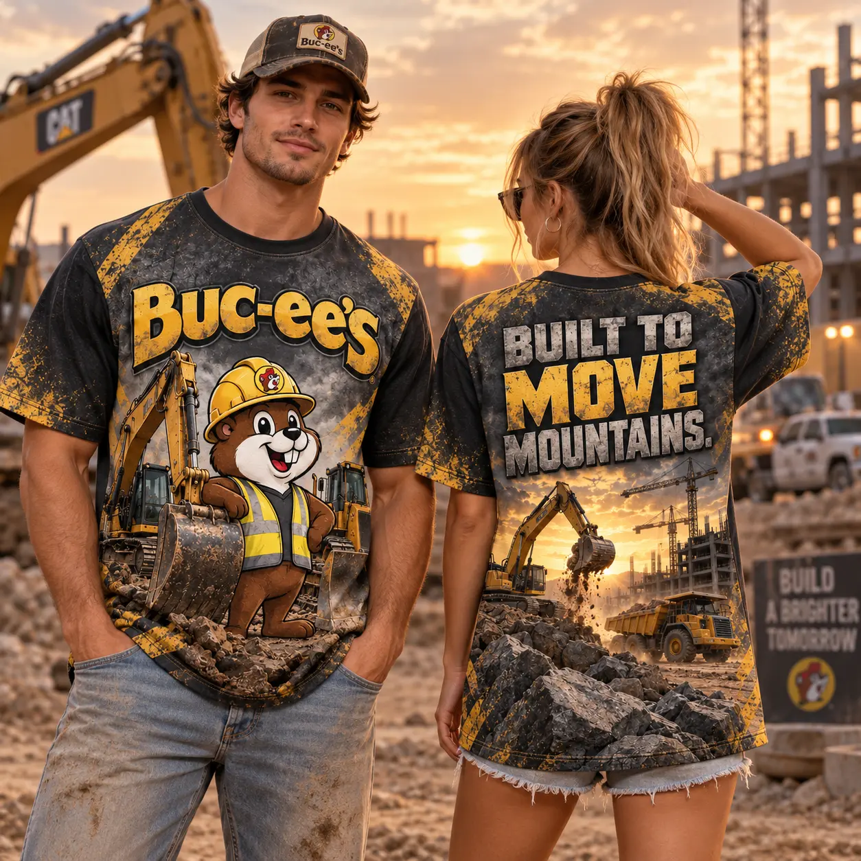 Buc-ee's Construction Yellow Excavator T-Shirt For Hard Workers Ready To Move Mountains Together NDN worn front and back