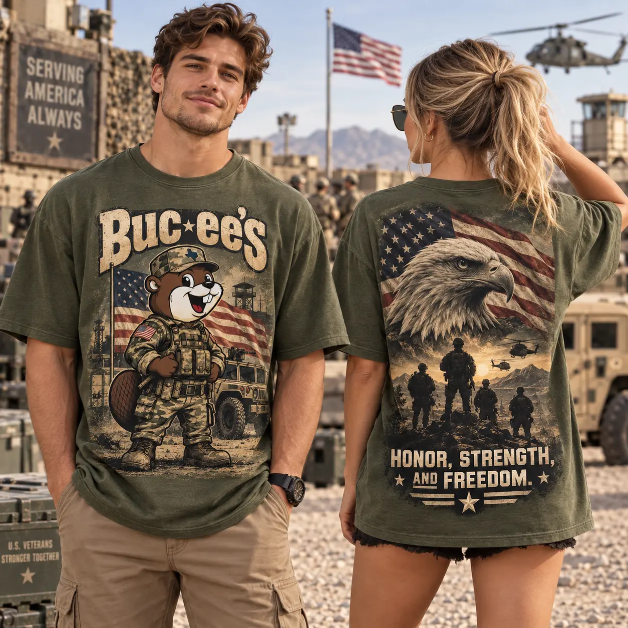 Buc-ee's Military Eagle Olive T-Shirt For Patriots Who Carry Honor On Every Journey NDN worn front and back