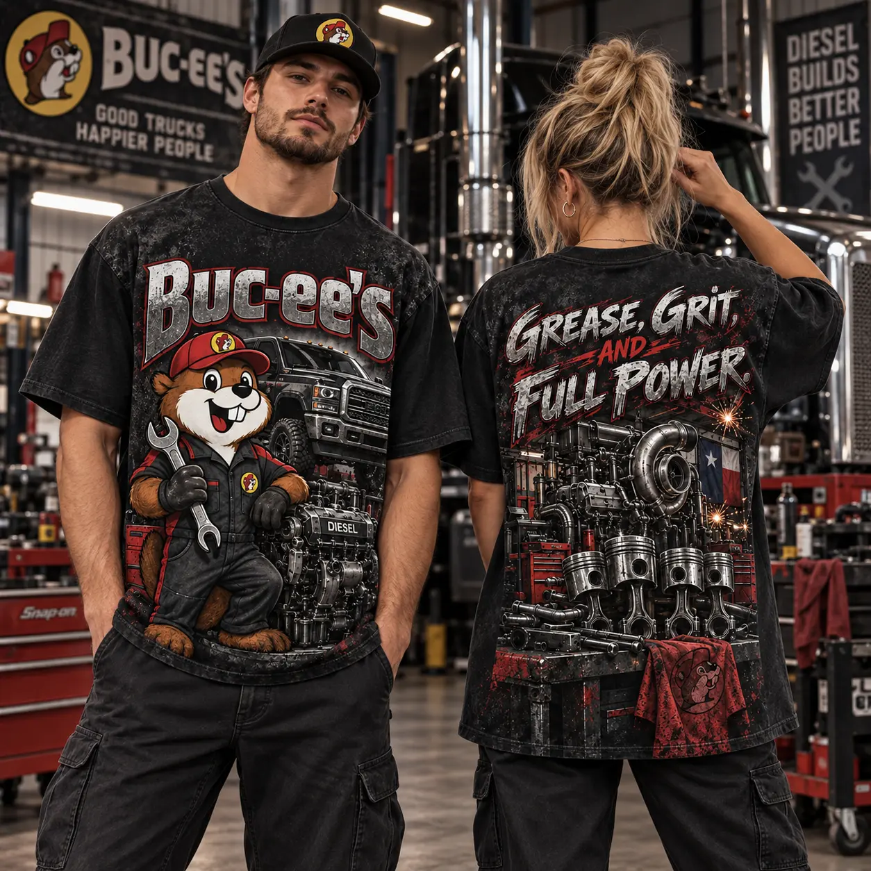 Buc-ee's Diesel Mechanic Workshop T-Shirt For Gearheads Powered By Grease Grit And Determination NDN worn front and back
