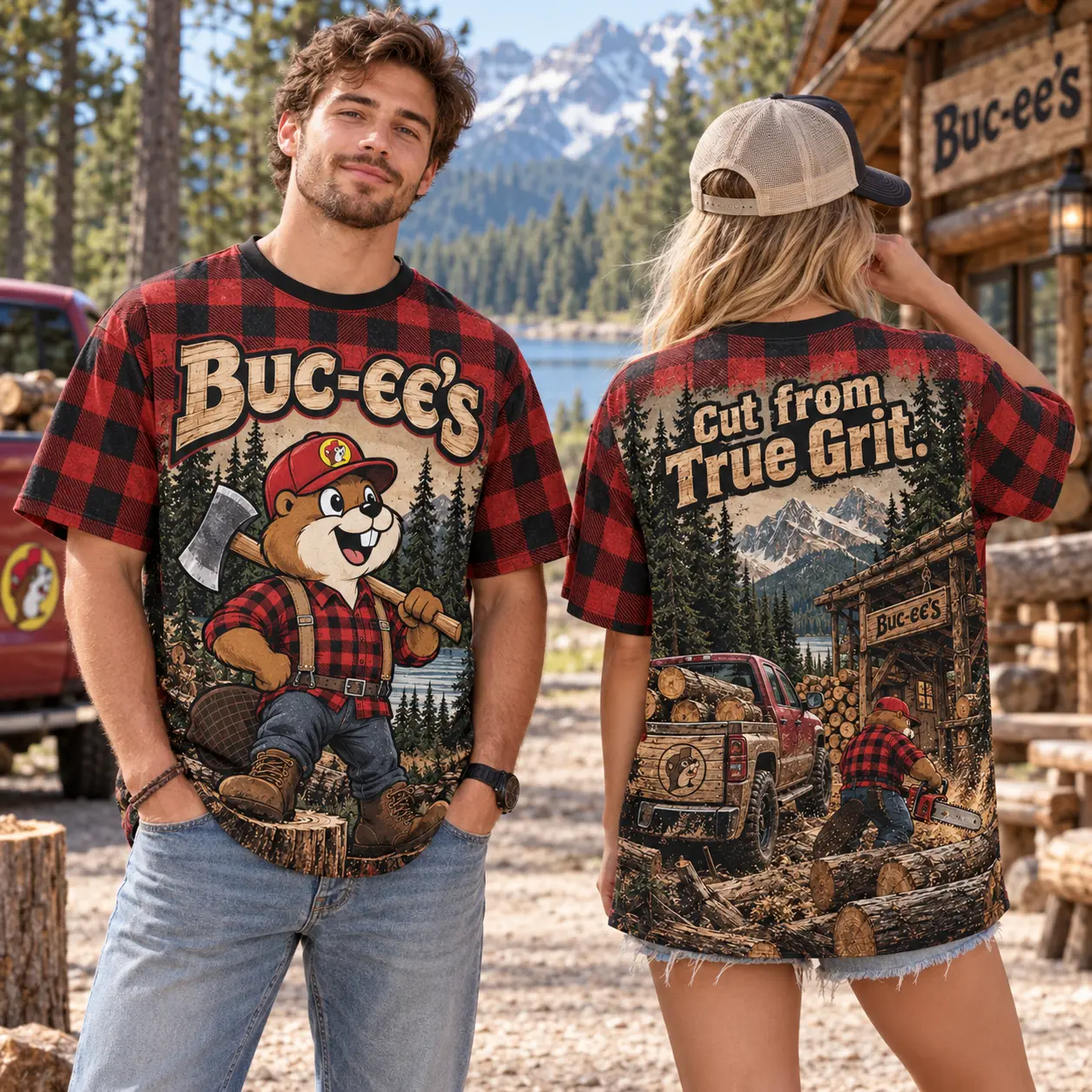 Buc-ee's Lumberjack Red Plaid T-Shirt For Outdoorsmen Who Are Cut From True Grit NDN worn front and back