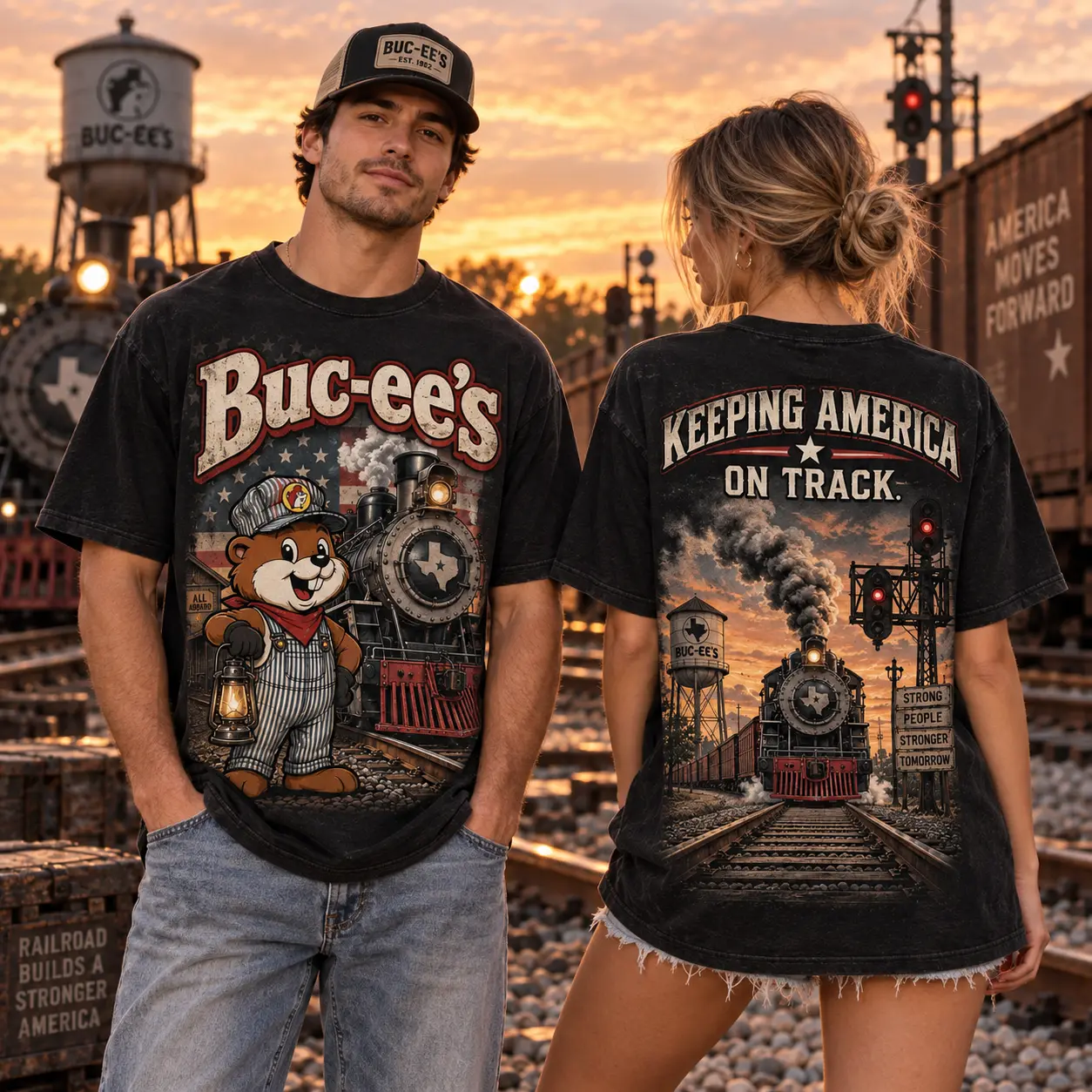 Buc-ee's Railroad Train Graphic T-Shirt For Rail Fans Keeping America On Track Together NDN worn front and back