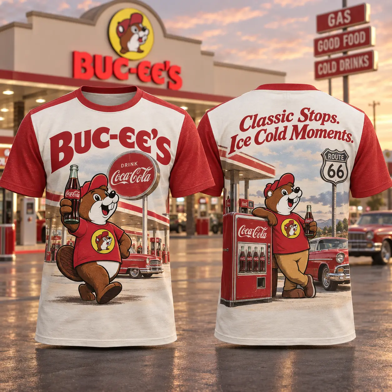 Buc-ee's Coca-Cola Retro Red T-Shirt For Road Trippers Who Love A Classic Refreshment NDN flat front and back
