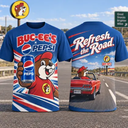 Buc-ee's Pepsi Blue Refreshment T-Shirt For Travelers Who Take The Scenic Route Every Weekend NDN flat front and back
