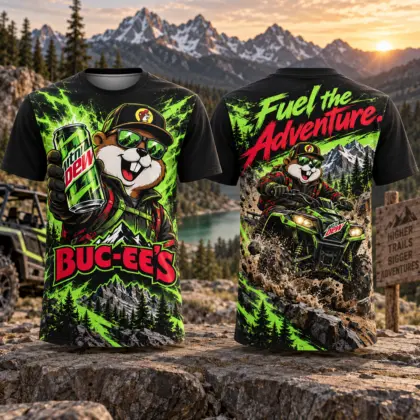 Buc-ee's Mountain Dew Neon Adventure T-Shirt For Explorers Who Follow The Road Into Nature NDN flat front and back