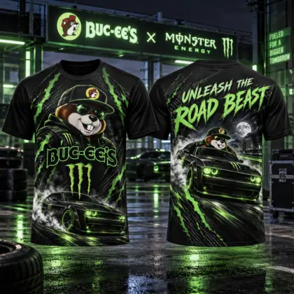 Buc-ee's Monster Neon Green T-Shirt For Night Owls Who Unleash Their Road Trip Spirit NDN flat front and back