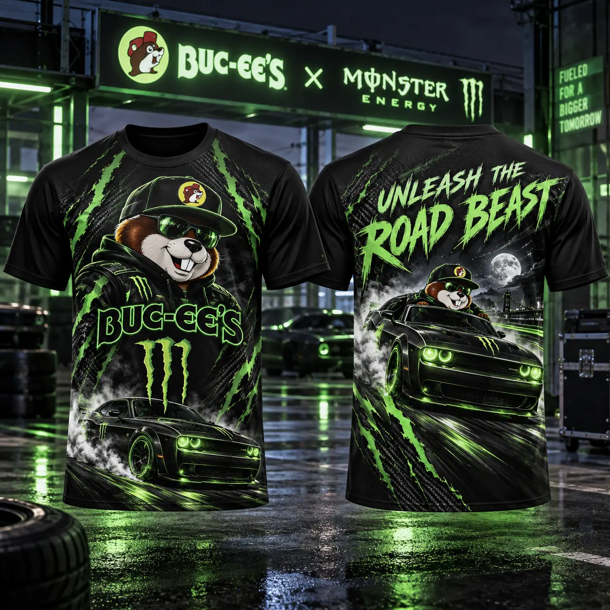 Buc-ee's Monster Neon Green T-Shirt For Night Owls Who Unleash Their Road Trip Spirit NDN flat front and back