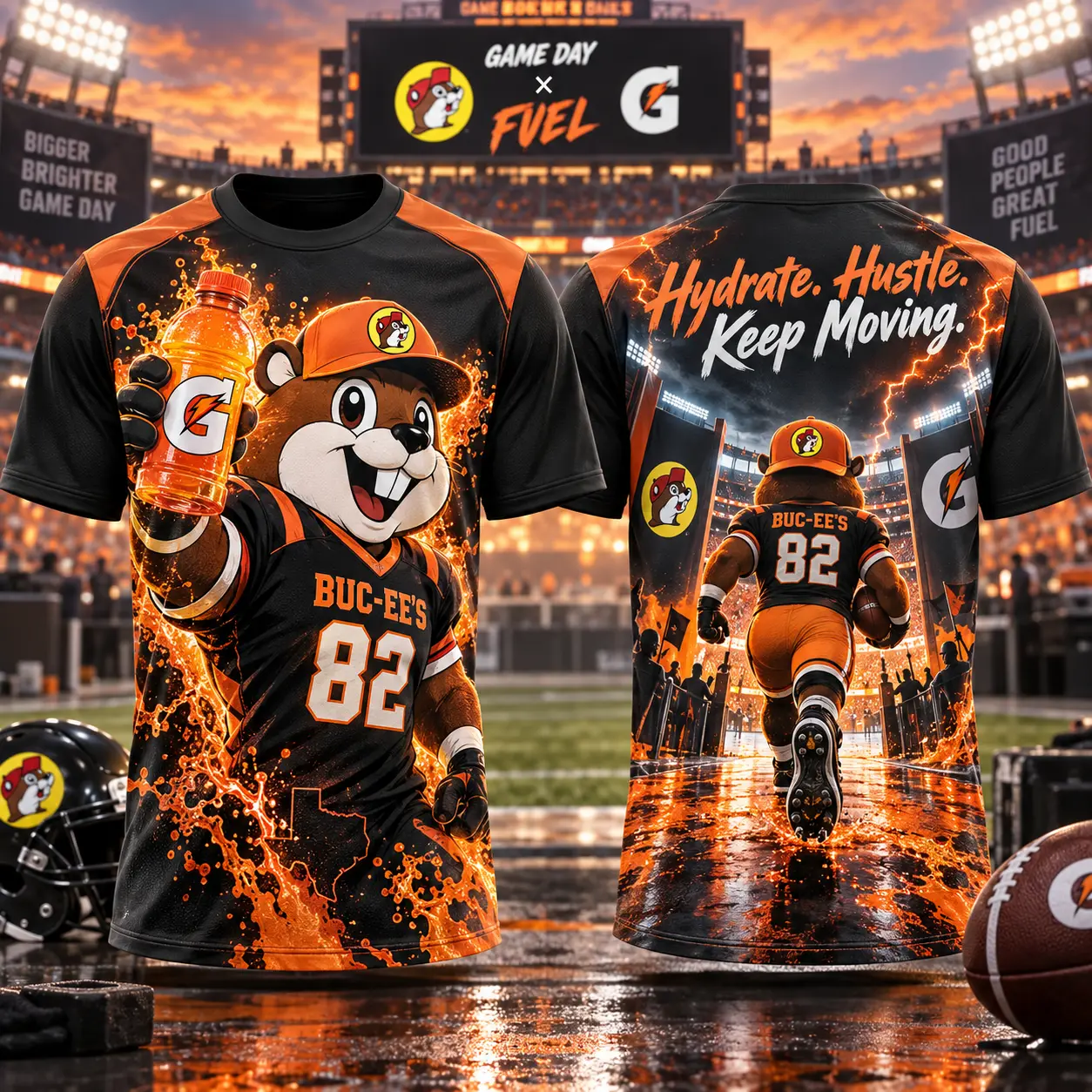 Buc-ee's Gatorade Orange Football T-Shirt For Sports Fans Who Keep Moving Beyond Game Day NDN flat front and back