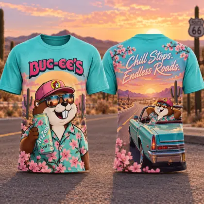 Buc-ee's Arizona Tea Floral T-Shirt For Easygoing Travelers Who Enjoy Every Scenic Stop NDN flat front and back