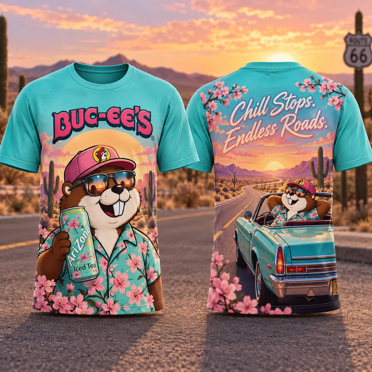 Buc-ee's Arizona Tea Floral T-Shirt For Easygoing Travelers Who Enjoy Every Scenic Stop NDN flat front and back